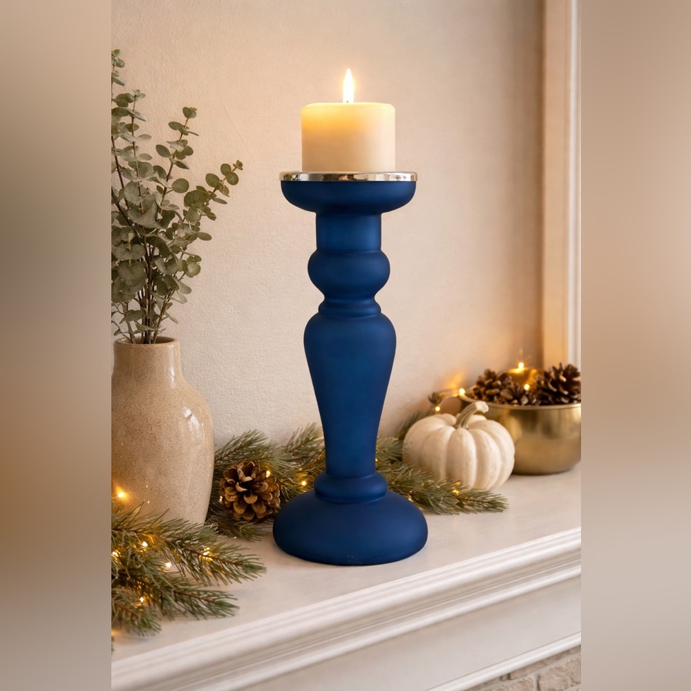 Blue Glass 12” Candle Holder.  Metal plate at top. Design element